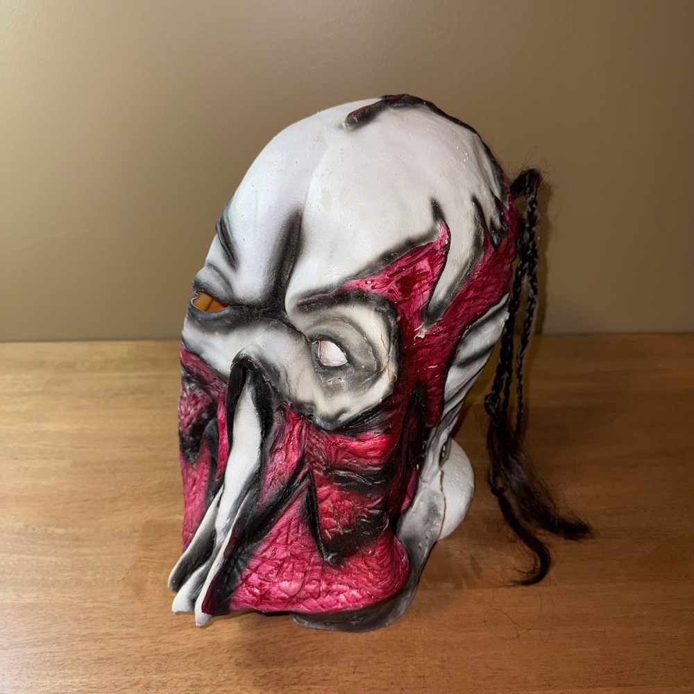 Vintage Latex Horror Mask Red White Skeletal Ghoul with Braided Hair Prop